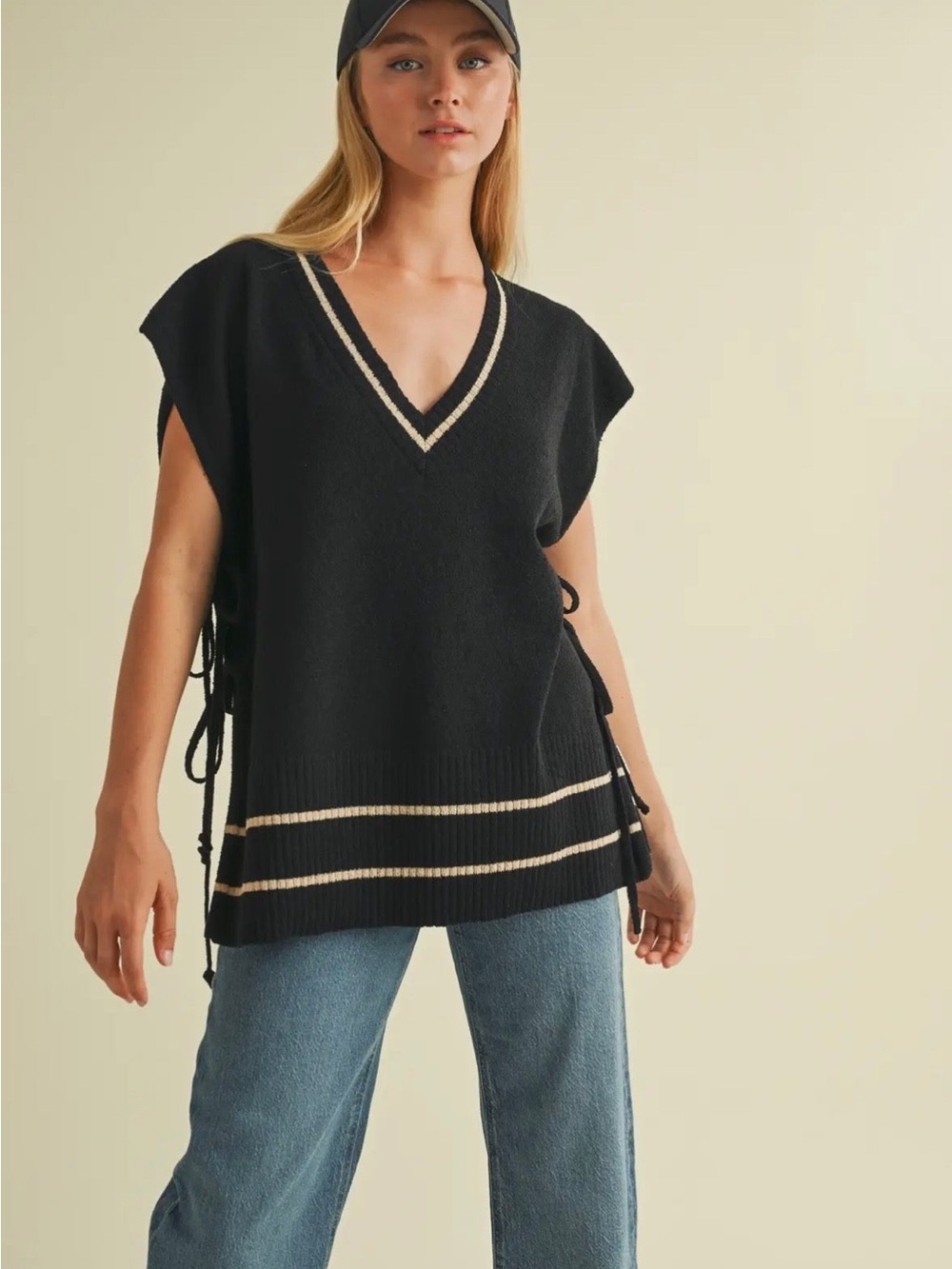Black V-Neck Side-Tie Sweater Vest with Cream Stripe
